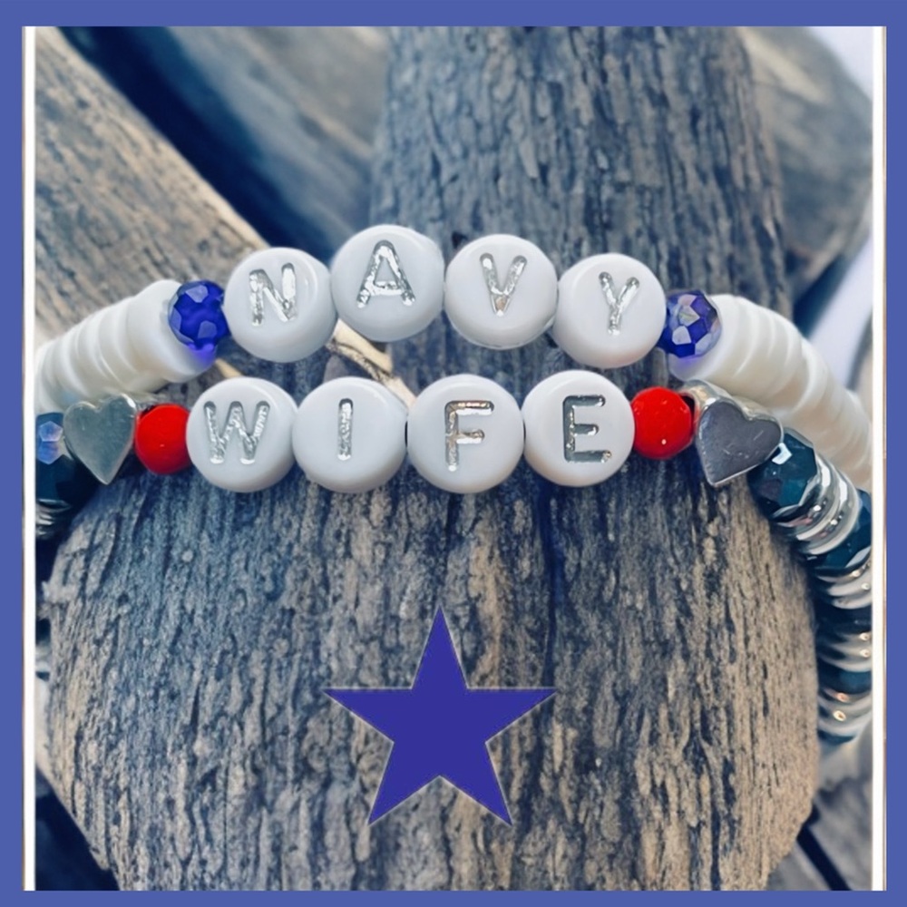 Navy Wife beaded elastic Bracelet Set, White, Red, silver Blue NEW - Handmade